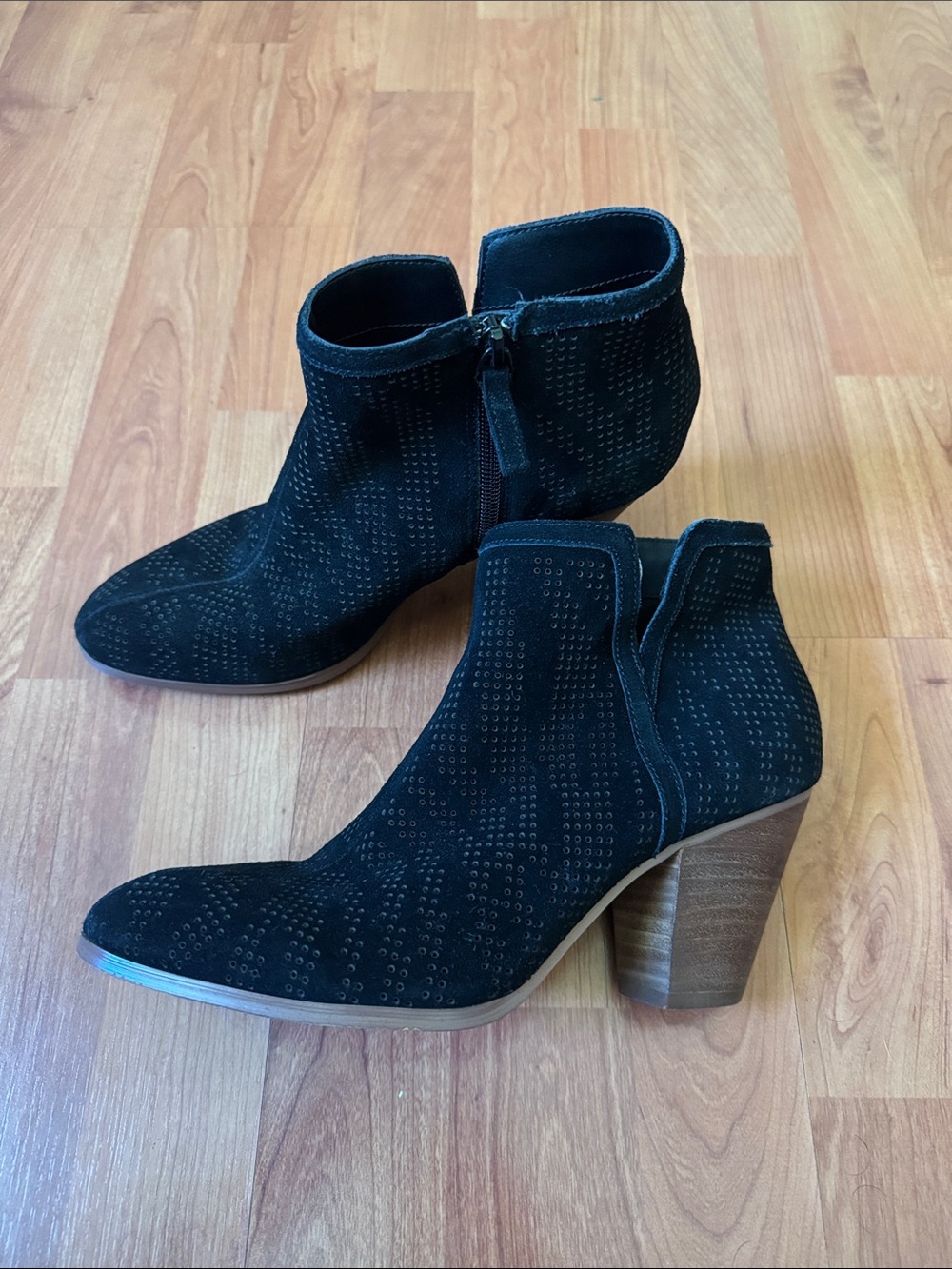 Violet & Red  Suede Pointed Toe Ankle Booties with Perforated Detail